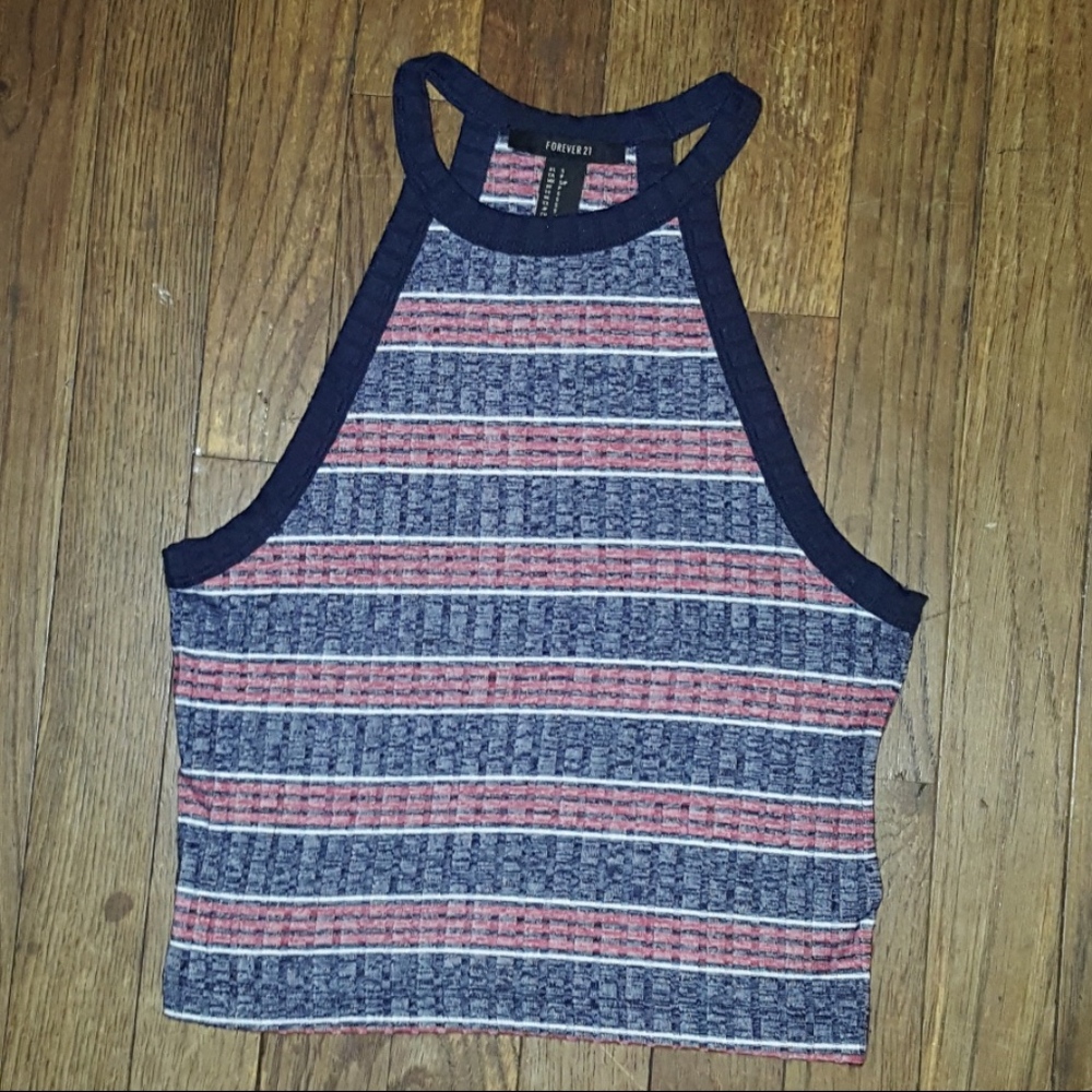 Navy White Red Striped Ribbed Cropped Halter Top